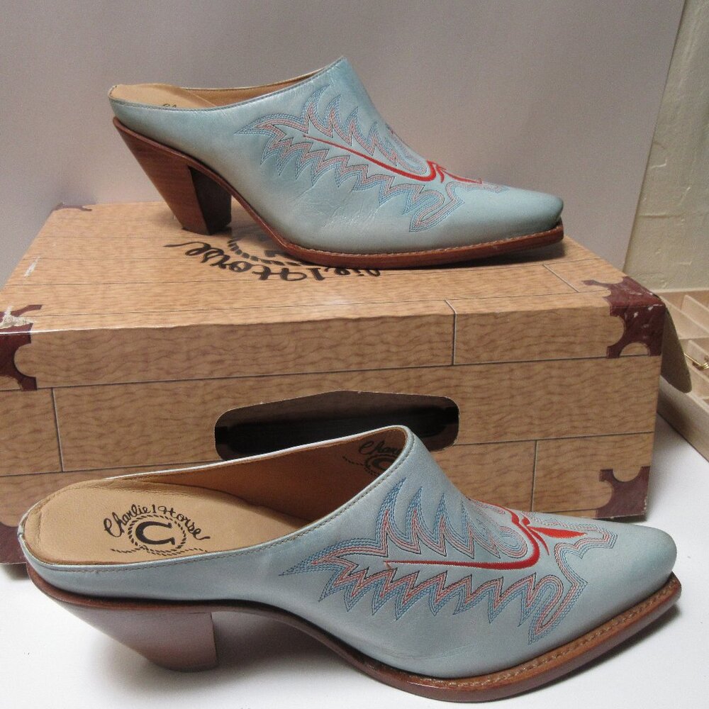Lucchese Light Blue & Red Embroidered Leather Mules - Picture 9 of 11